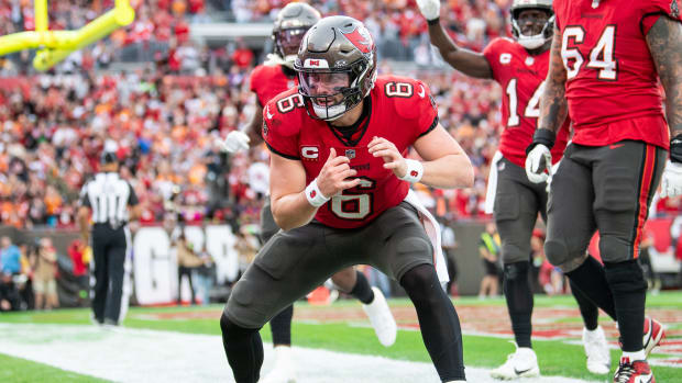 Tampa Bay Buccaneers quarterback Baker Mayfield (6) celebrates the touchdown against the Jacksonville Jaguars in the second quarter at Raymond James Stadium. Mandatory Credit: Jeremy Reper-USA TODAY Sports